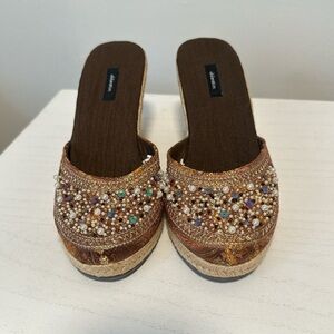 NEW Xhileration Beaded Wedges Brown, Pearls Size 8